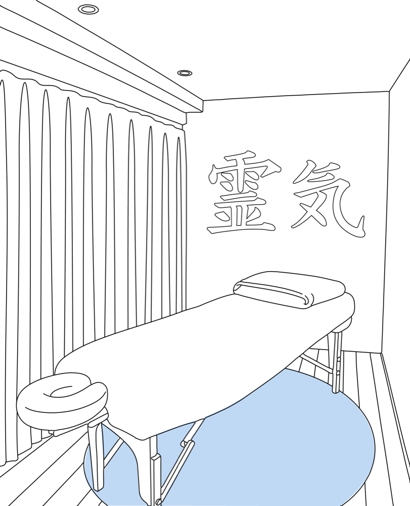 Illustratie van de behandelkamer van RikkieReiki: behandeltafel met het teken 靈氣 aan de muur