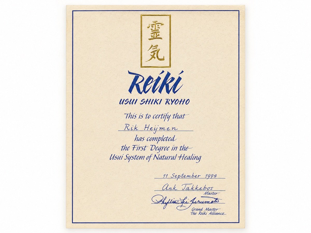 Reiki-diploma Usui Shiki Ryoho, First Degree, 1994